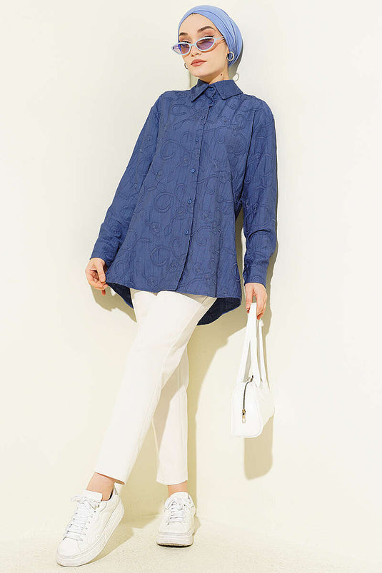 Floral Embossed Basic Shirt Indigo