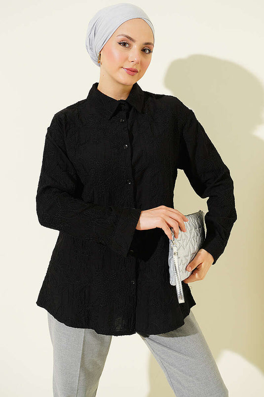 Chemise basique noire à relief floral
