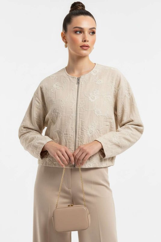 Blouson bomber zippé à motif floral en relief, beige