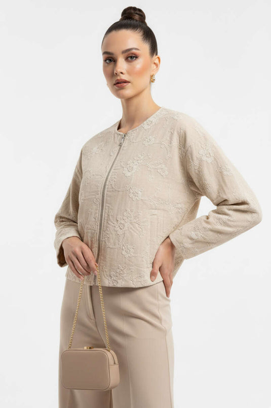 Blouson bomber zippé à motif floral en relief, beige