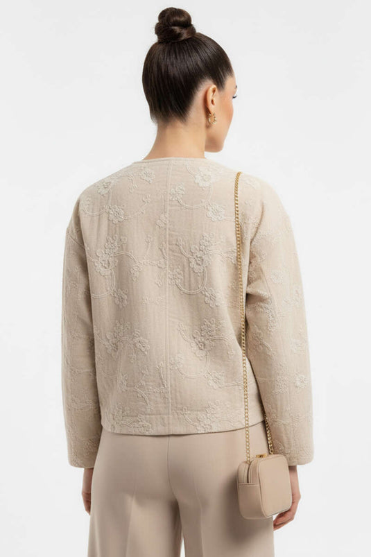 Blouson bomber zippé à motif floral en relief, beige