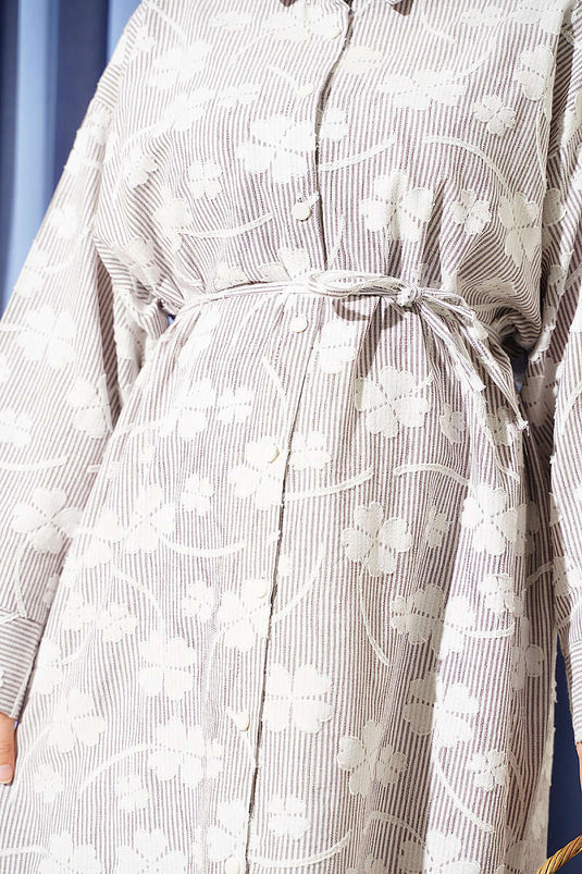 Çiçek Kabartmalı İp Kuşaklı Uzun Tunik Bordo