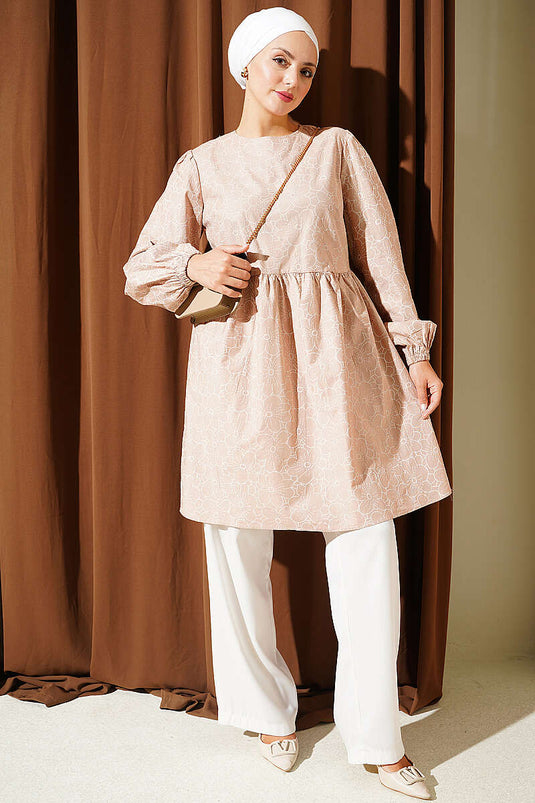 Beige Blumenbestickte Tunika