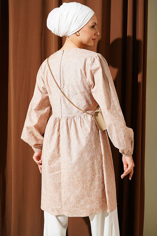 Beige Blumenbestickte Tunika