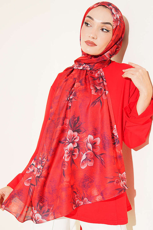 Çiçek Motif Detaylı Şal Kırmızı