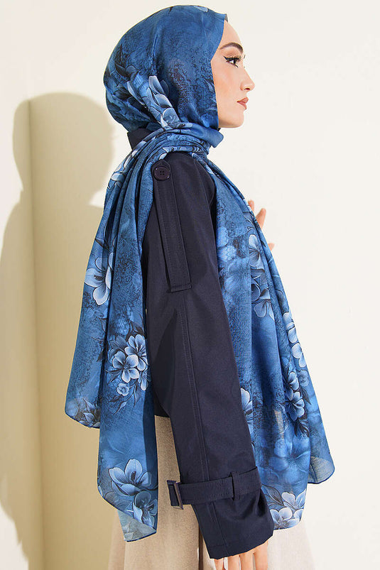 Çiçek Motif Detaylı Şal Lacivert