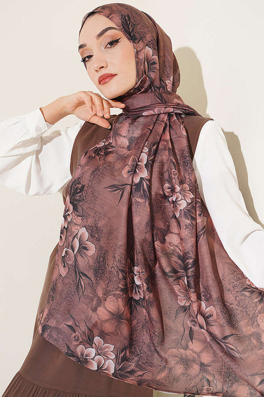 Çiçek Motif Detaylı Şal Vizon