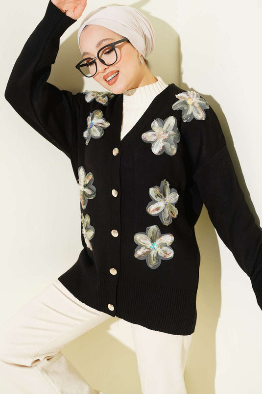 Floral Pattern Buttoned Knit Cardigan Black
