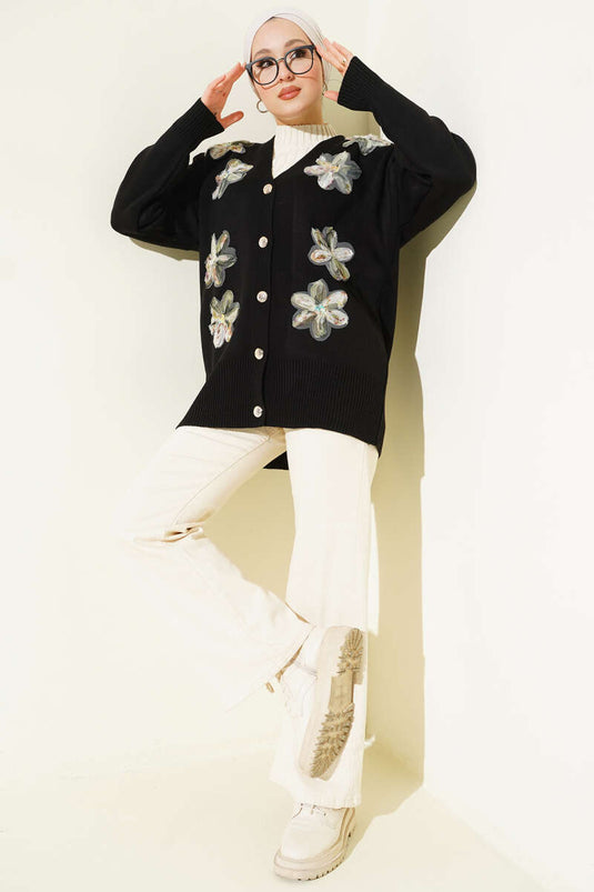 Floral Pattern Buttoned Knit Cardigan Black