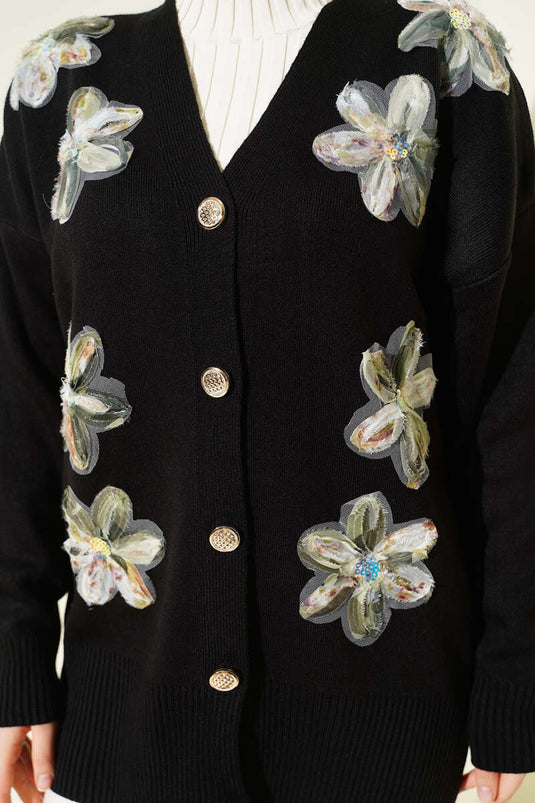Floral Pattern Buttoned Knit Cardigan Black