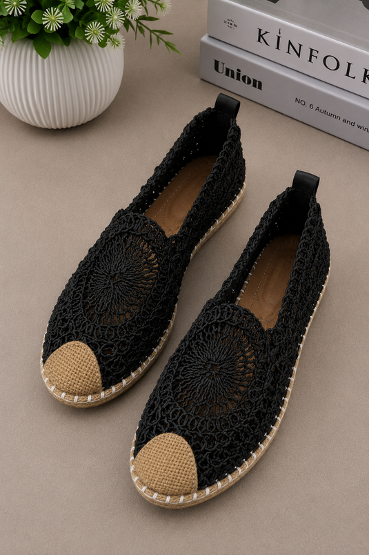 Ballerines en maille à bout tressé motif floral noir