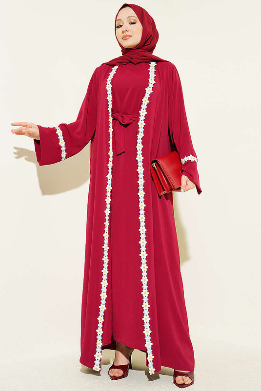 Çiçek Motifli Kuşaklı Abaya Bordo