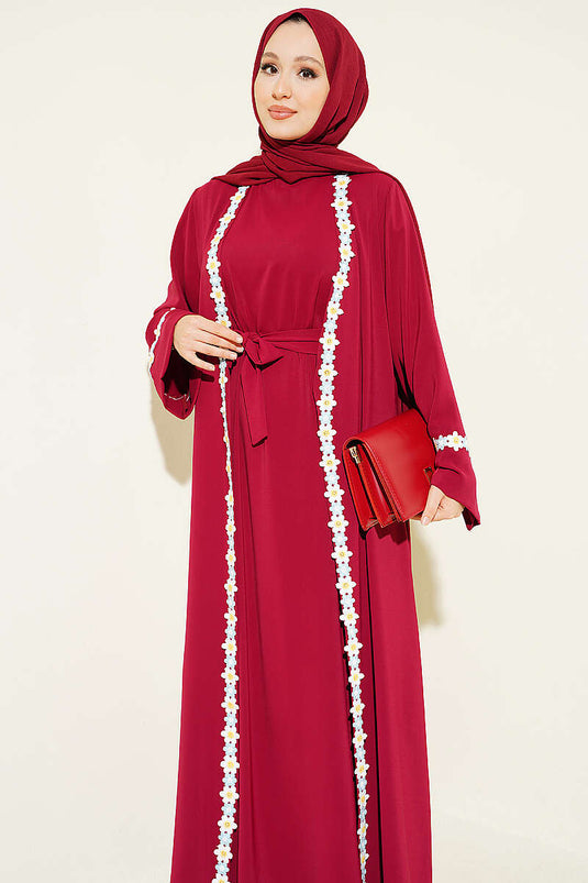 Çiçek Motifli Kuşaklı Abaya Bordo
