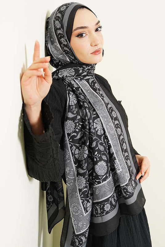 Châle doux à motif floral noir