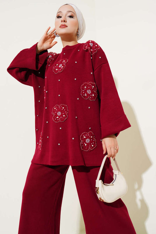 Floral Motif Knitwear Two Piece Suit Burgundy