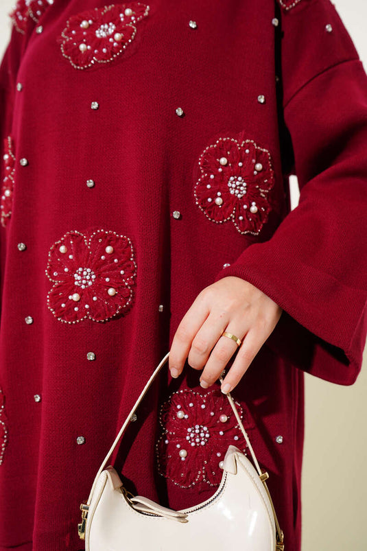 Floral Motif Knitwear Two Piece Suit Burgundy