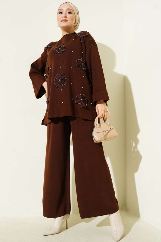 Floral Motif Knitwear Two Piece Set Brown