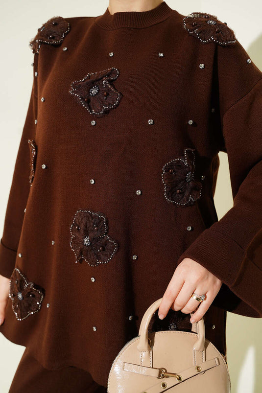 Floral Motif Knitwear Two Piece Set Brown