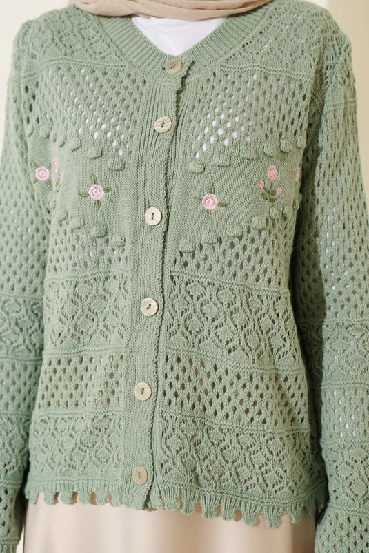 Cardigan court en tricot ajouré avec broderie florale, couleur menthe