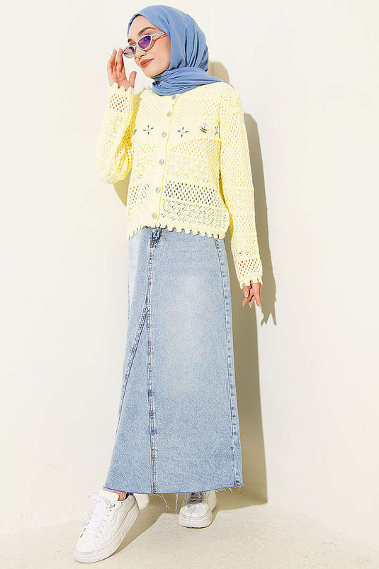 Yellow Short Knit Cardigan with Floral Embroidery and Openwork
