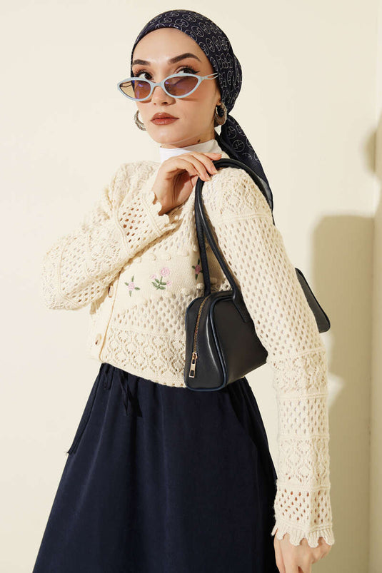 Cardigan court en tricot ajouré avec broderie florale, couleur pierre