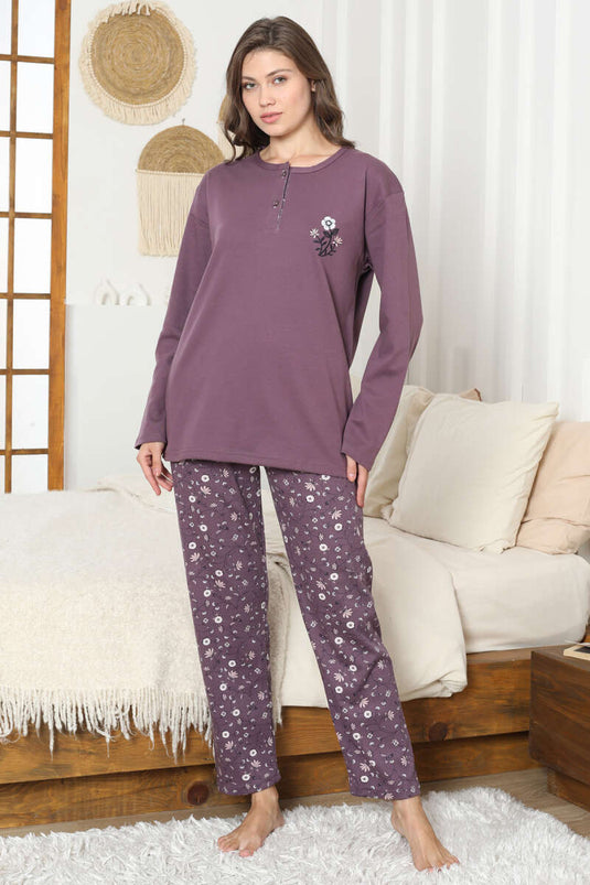 Ensemble pyjama en maille interlock avec broderie florale, prune