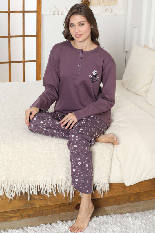 Ensemble pyjama en maille interlock avec broderie florale, prune