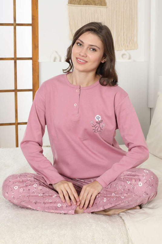 Ensemble pyjama en maille interlock avec broderie florale, rose poudré