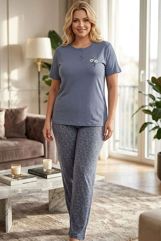 Set pigiama taglie forti con ricamo floreale, manica corta, grigio