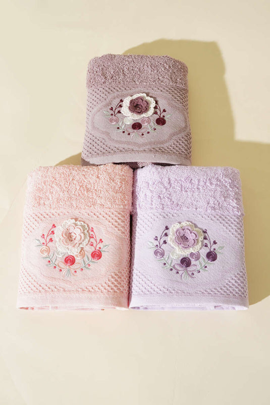 Set van 3 gezichtsdoeken met bloemenborduurwerk, assortiment 2