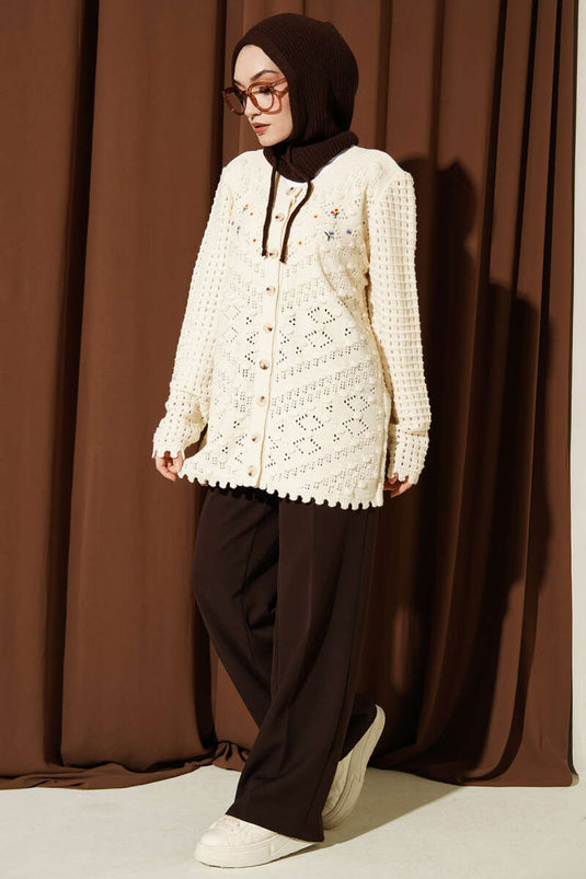 Beige Floral Embroidered Openwork Knit Cardigan