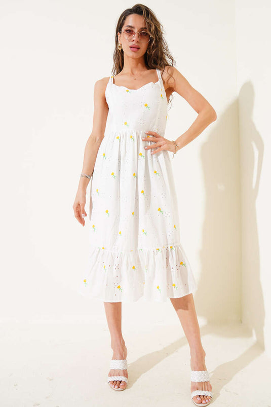 Gelbes Midikleid mit Blumenstickerei und Trägern