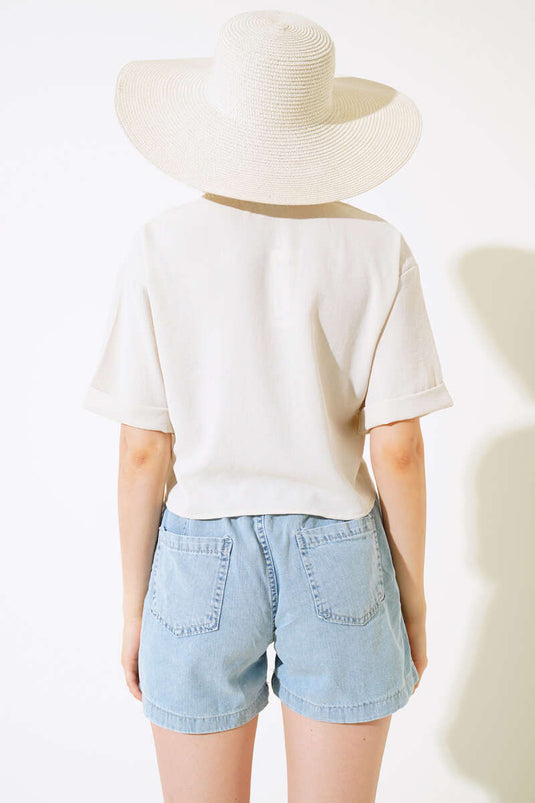 Beige Blouse with Floral Embroidery