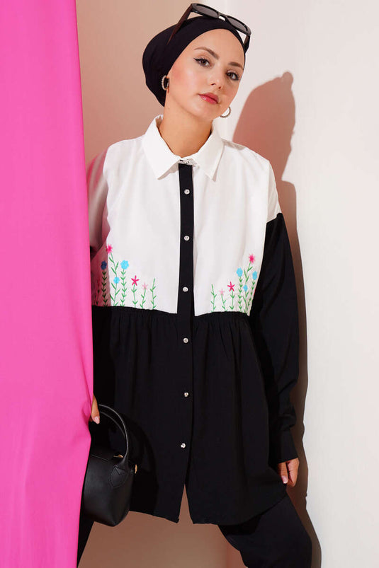 Çiçek Nakışlı Büzgülü Gömlek Siyah