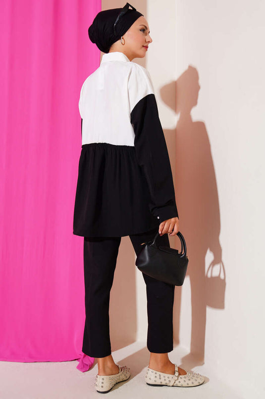 Çiçek Nakışlı Büzgülü Gömlek Siyah