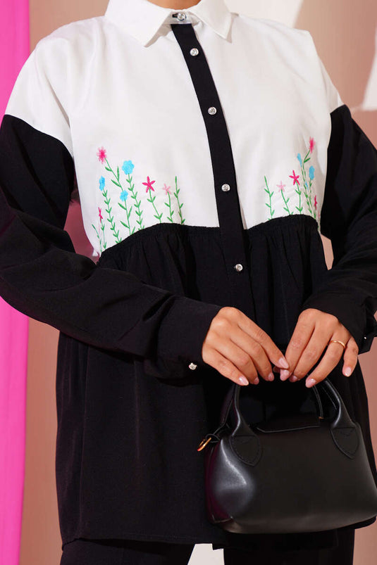 Çiçek Nakışlı Büzgülü Gömlek Siyah