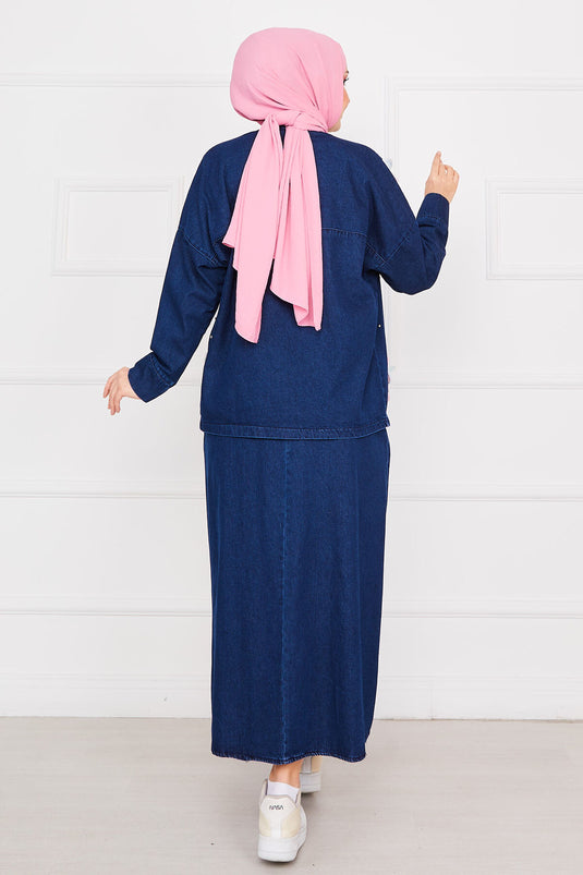 Veste brodée de fleurs, jupe, ensemble hijab en jean bleu marine