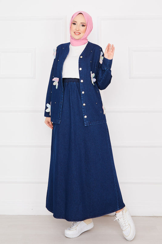 Flower Embroidered Jacket Skirt Denim Modest Set Navy Blue