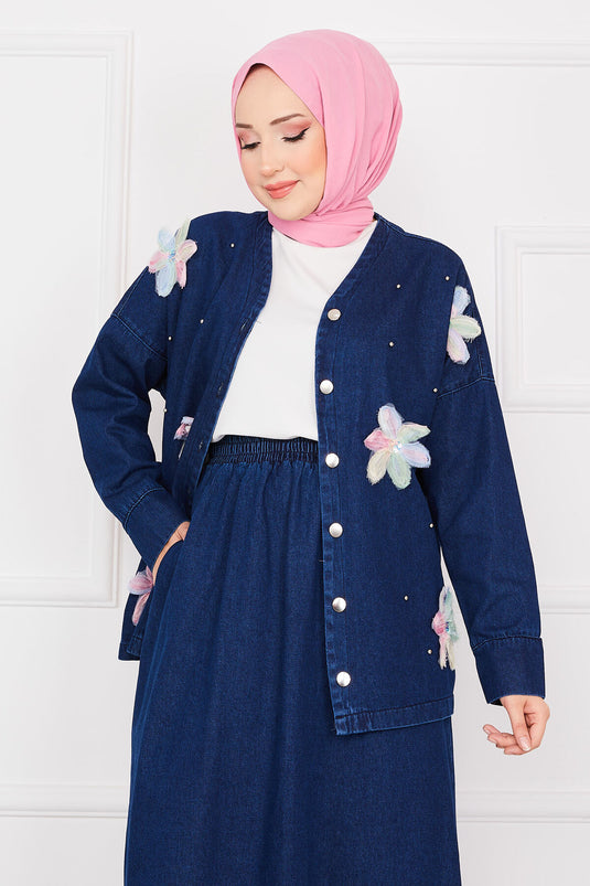 Veste brodée de fleurs, jupe, ensemble hijab en jean bleu marine