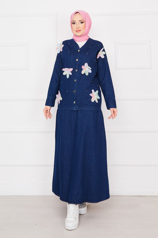 Flower Embroidered Jacket Skirt Denim Modest Set Navy Blue