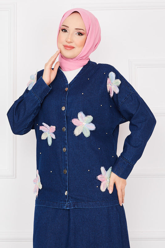 Flower Embroidered Jacket Skirt Denim Modest Set Navy Blue