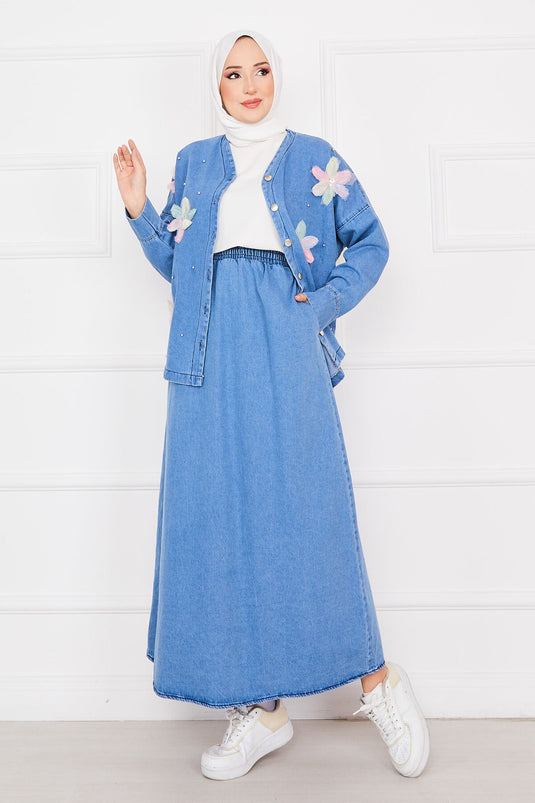 Flower Embroidered Jacket Skirt Denim Modest Set Blue