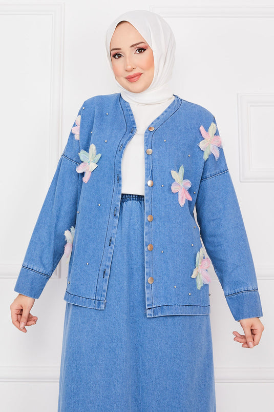 Blumenbestickter Jackenrock Denim Hijab Anzug Blau