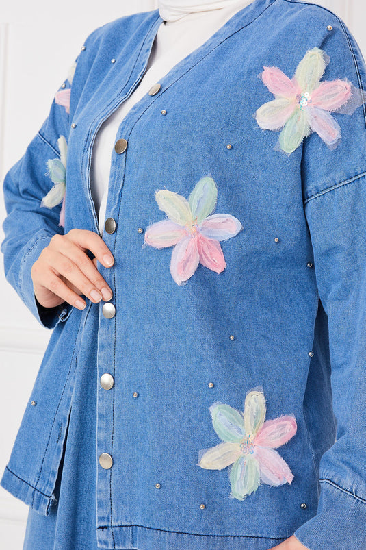 Flower Embroidered Jacket Skirt Denim Modest Set Blue