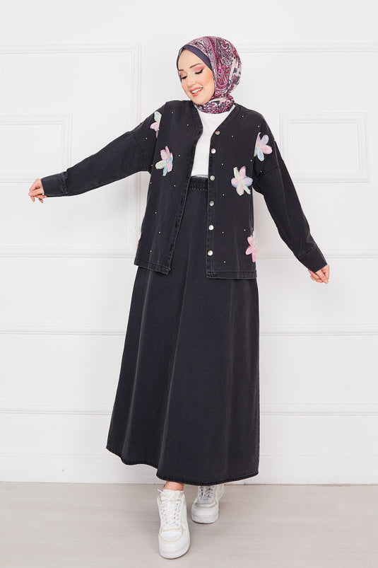 Flower Embroidered Jacket Skirt Denim Modest Set Black