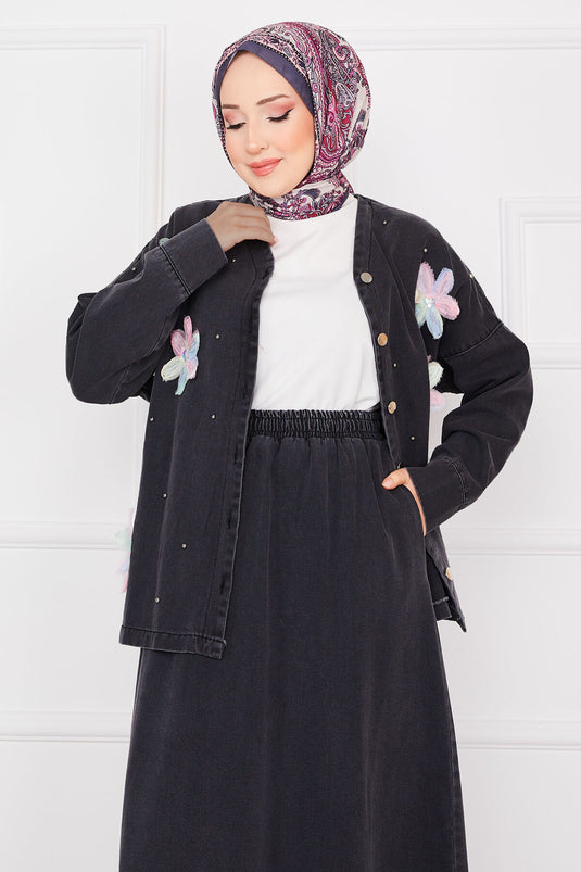 Flower Embroidered Jacket Skirt Denim Modest Set Black