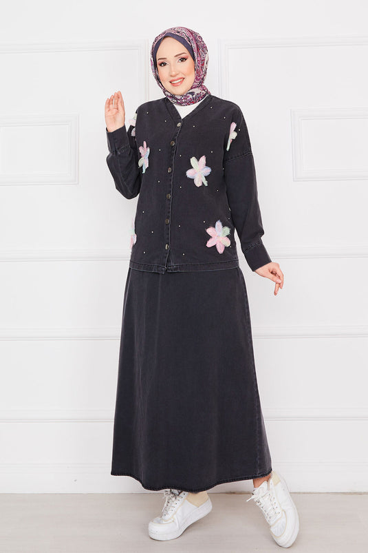 Flower Embroidered Jacket Skirt Denim Modest Set Black