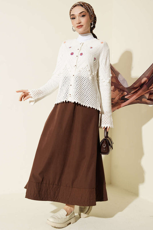 White Short Knit Cardigan with Floral Embroidery and Eyelet Details