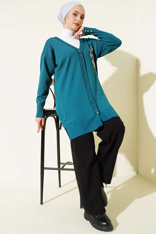 Flower Embroidered Buttoned Mercerized Cardigan in Petrol