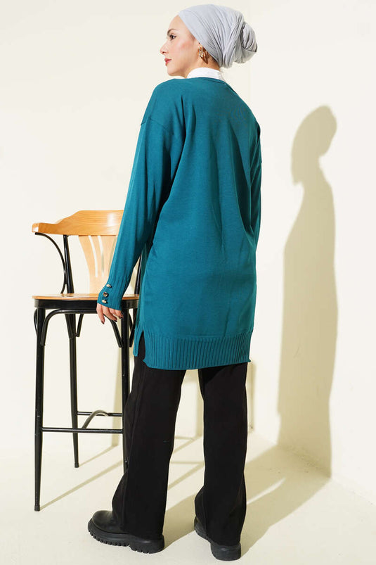 Flower Embroidered Buttoned Mercerized Cardigan in Petrol